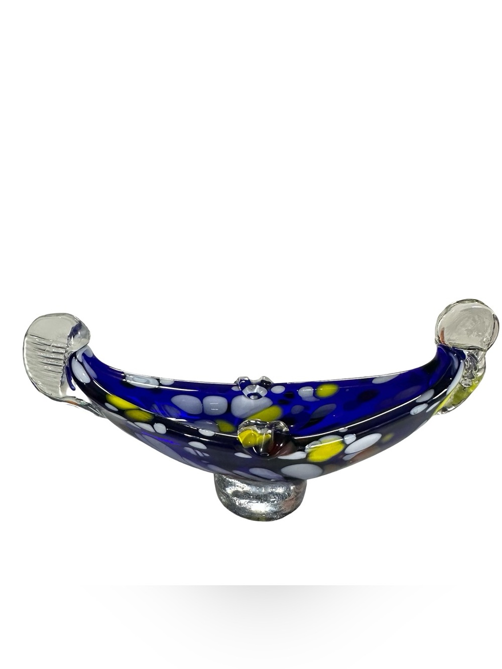 Vtg Murano Spatter Glass Gondola Centerpiece Cobalt Blue Yellow White MCM 8โ